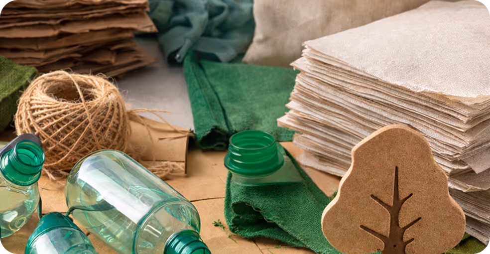 Eco-friendly materials including stacked cloth napkins, green fabric, twine, brown paper sheets, plastic bottles, and a wooden tree-shaped ornament.