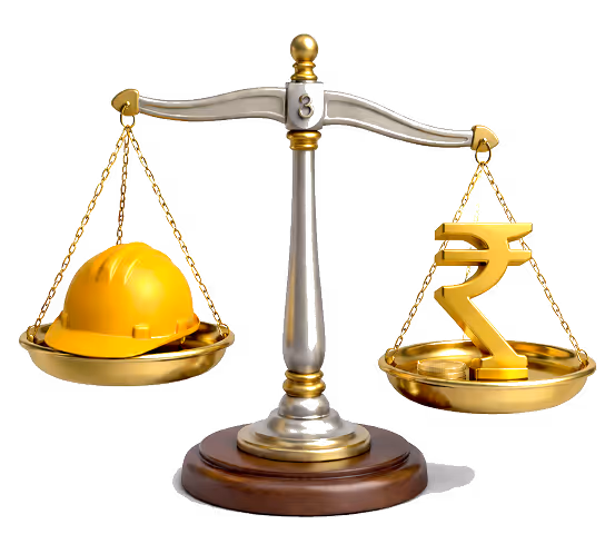 Balance scale with a yellow construction helmet on one side and a golden rupee symbol on the other.