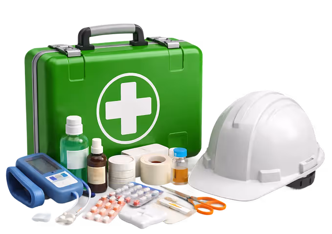 Green first aid kit with medical supplies and a white safety helmet on a white background.