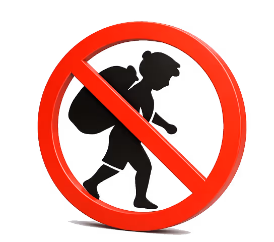 Red prohibition sign over a black silhouette of a person carrying a large sack on their back.