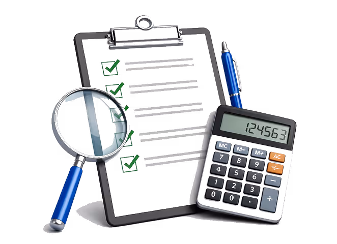 Clipboard with checked checklist, magnifying glass, blue pen, and calculator showing 124563.