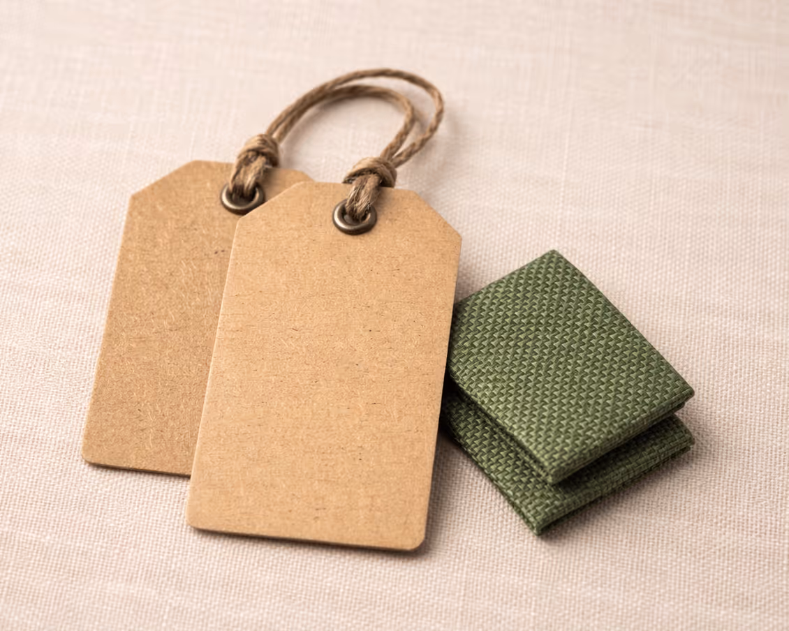 Two blank brown paper tags with twine loops next to two folded green fabric swatches on beige fabric.