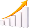 White 3D bar chart with an orange arrow curving upward showing growth.