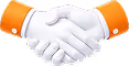 Two white-gloved hands shaking in a handshake wearing orange sleeves.