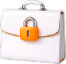 White briefcase secured with a silver padlock and an orange lock icon.