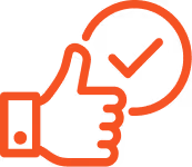 Hand giving thumbs up next to a checkmark inside a circle in red color.