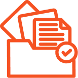 Folder icon with multiple documents and a checkmark symbol in orange color.
