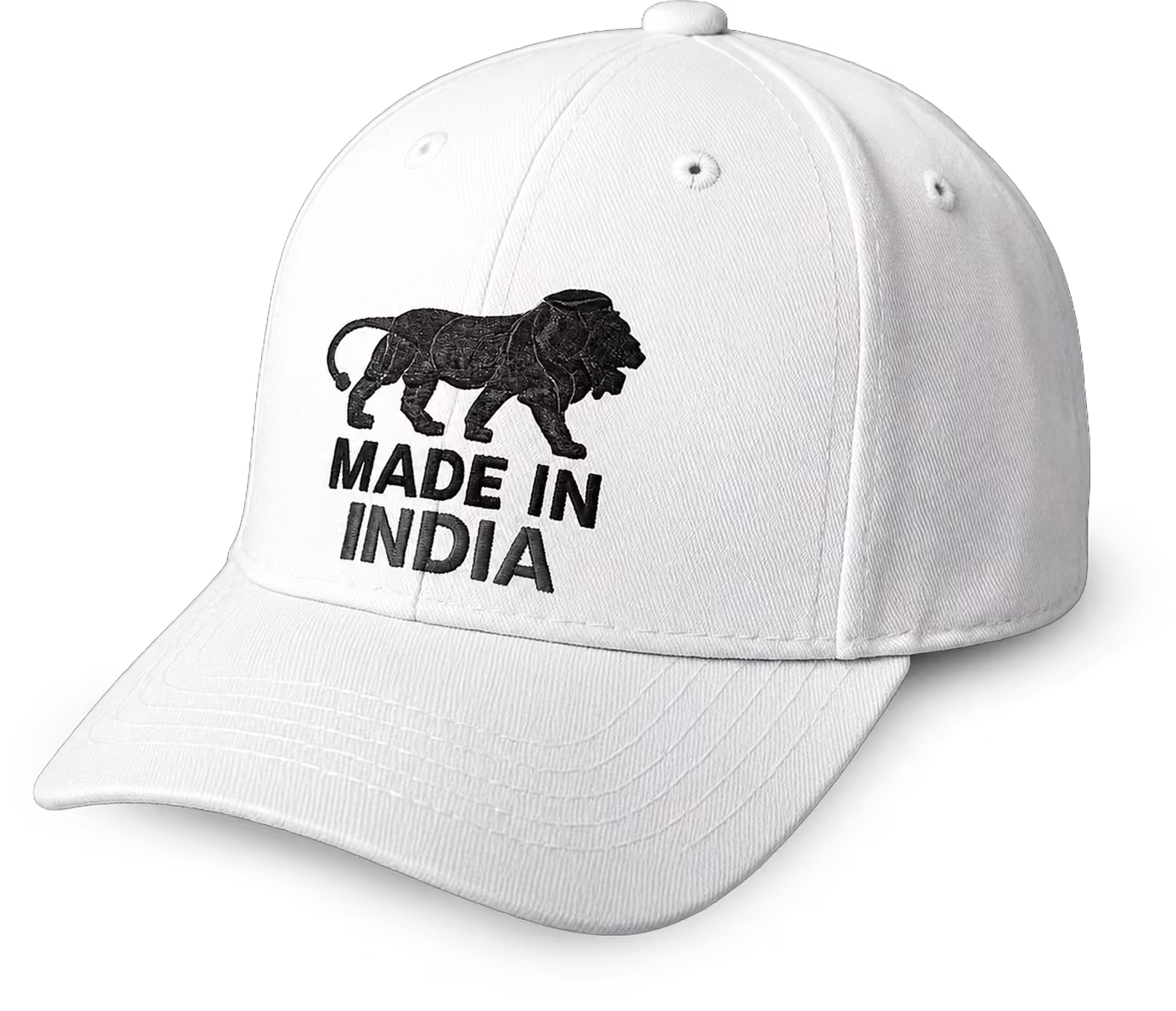 White baseball cap with a black lion and Indian flag design above the text 'MADE IN INDIA' embroidered on the front.