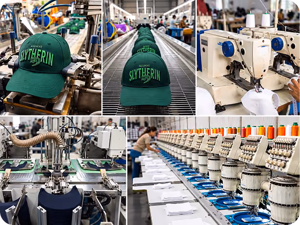 Embroidery machines stitching logos on caps in a factory with caps of various colors lined up on a table.