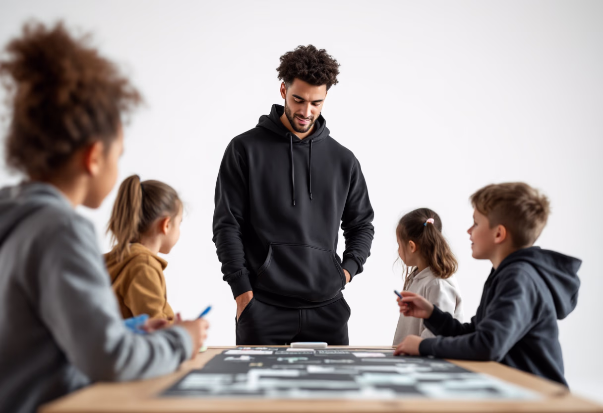 image of volunteer teaching children