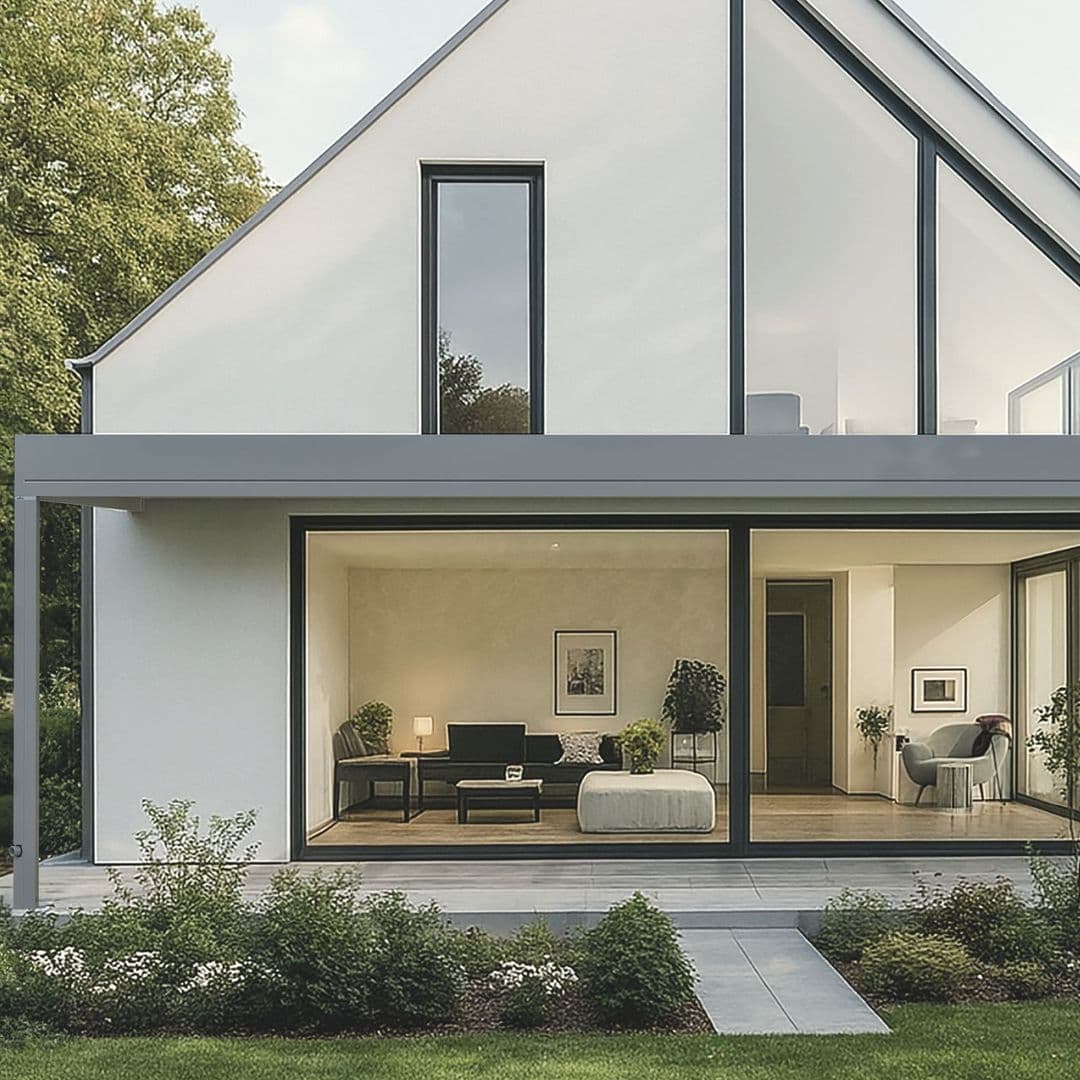 Modernes weißes Haus mit großer Glasfront, Terrasse und gepflegtem Garten mit grünen Pflanzen.
