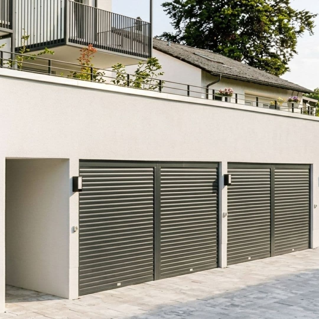Moderne graue Sektionaltore an einer weißen Garage mit gepflasterter Auffahrt.