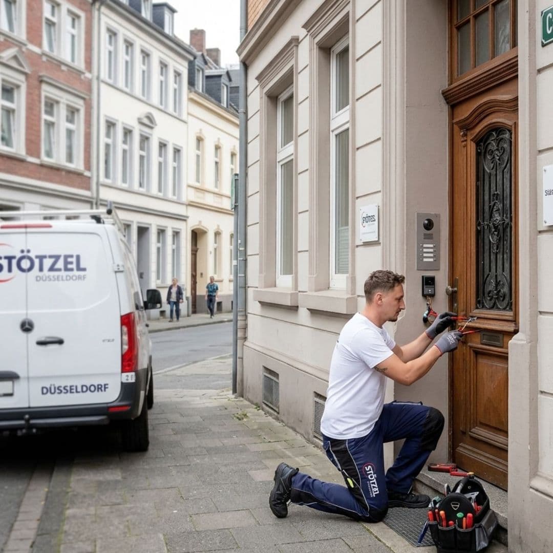 Ein Techniker kniet vor einer Haustür und repariert das Türschloss, ein Servicefahrzeug von Stötzel Düsseldorf steht am Straßenrand.