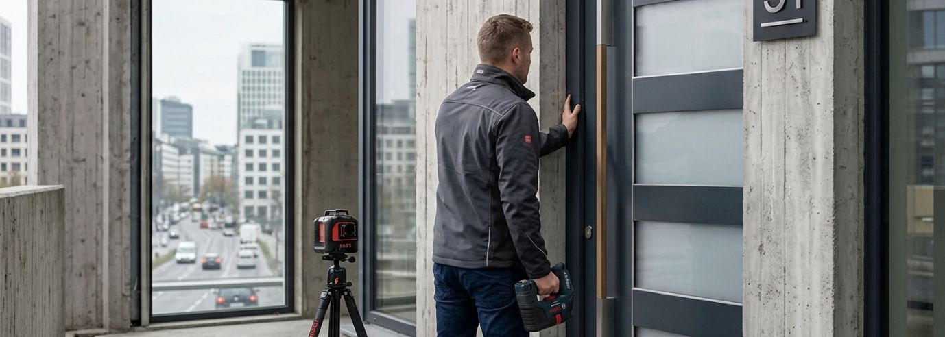 Aufmaß an einer Wohnungseingangstür im Mehrfamilienhaus in Düsseldorf