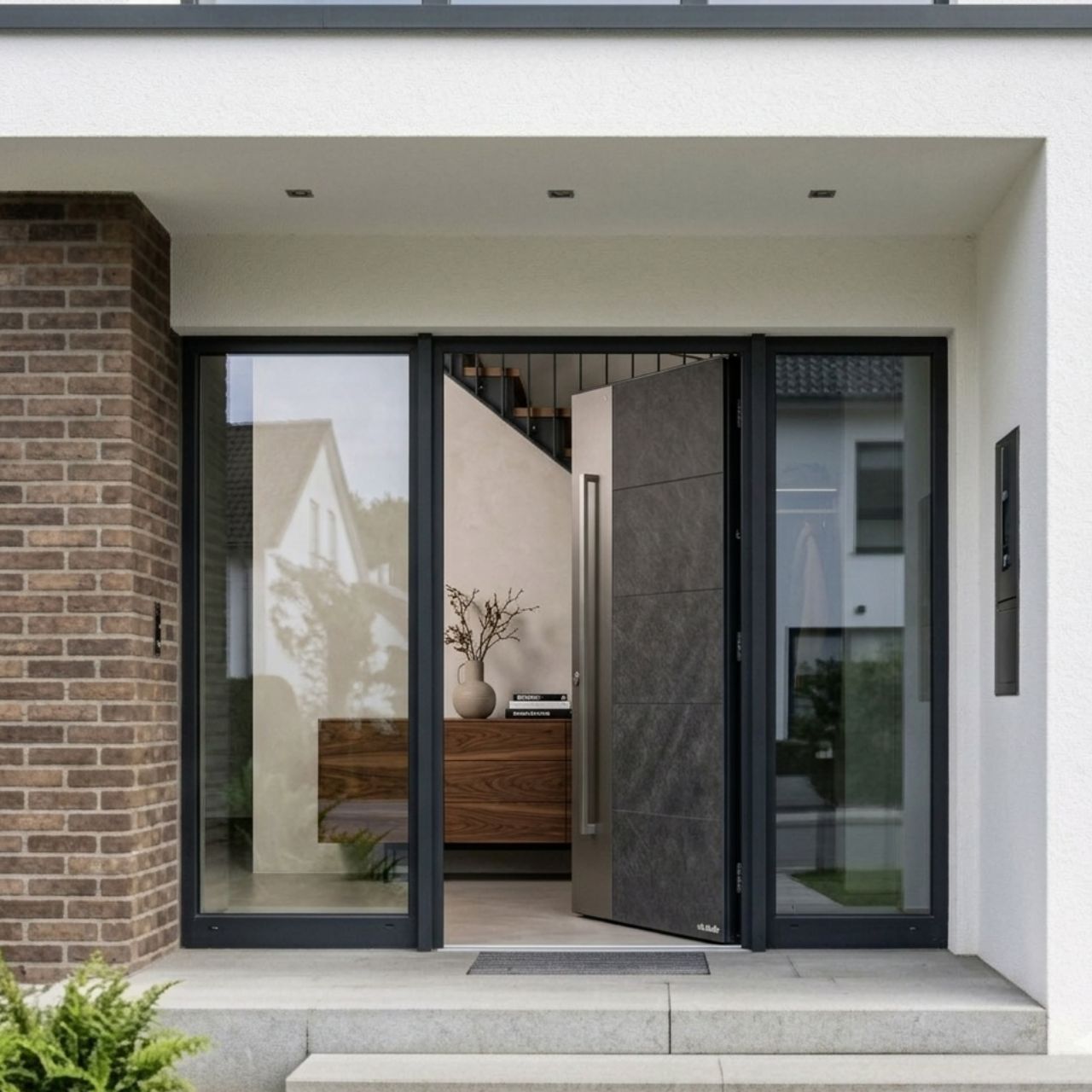Moderne Haustür mit ruhiger Fläche, integriertem Griff und Seitenteilen