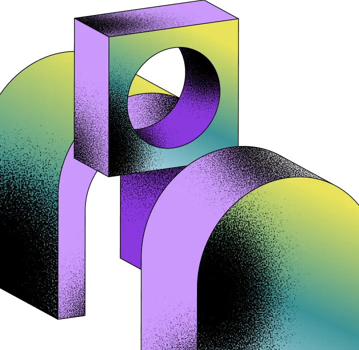 Abstract 3D geometric shapes in gradient colors of purple, green, and yellow with shading and grainy texture on a black background.