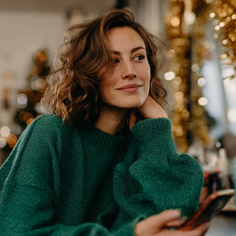 Mujer con cabello rizado y suelto lleva un suéter verde mientras sostiene un teléfono móvil, con luces doradas desenfocadas al fondo.