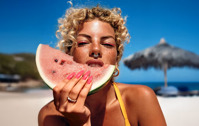 Mujer con cabello rizado rubio y maquillaje rosa mordiendo una rebanada de sandía en la playa con un parasol difuminado al fondo.