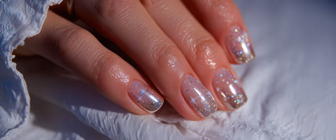 Close-up of hands with beige nail polish and a gold ring on a finger.