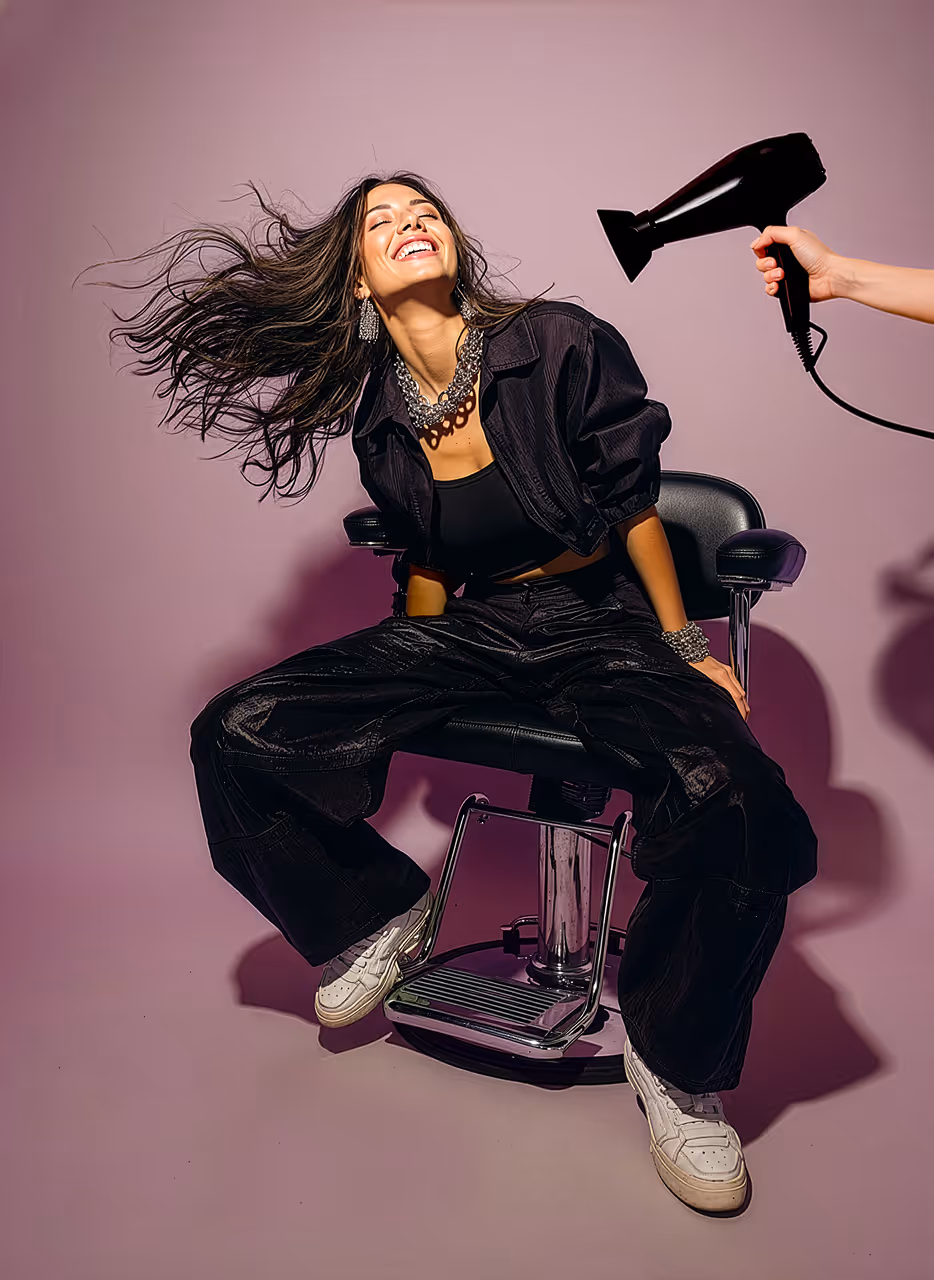 Woman sitting on a salon chair with hair blowing while a hand holds a black hairdryer.
