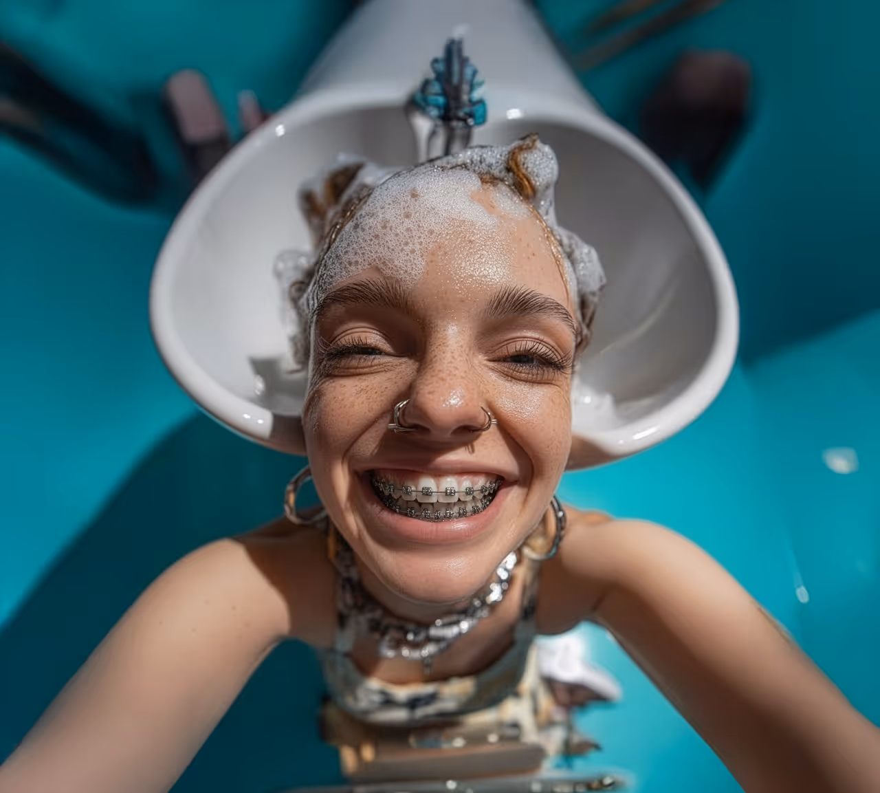 Smiling person with freckles and braces leaning back with shampoo foam on their hair in a salon sink.