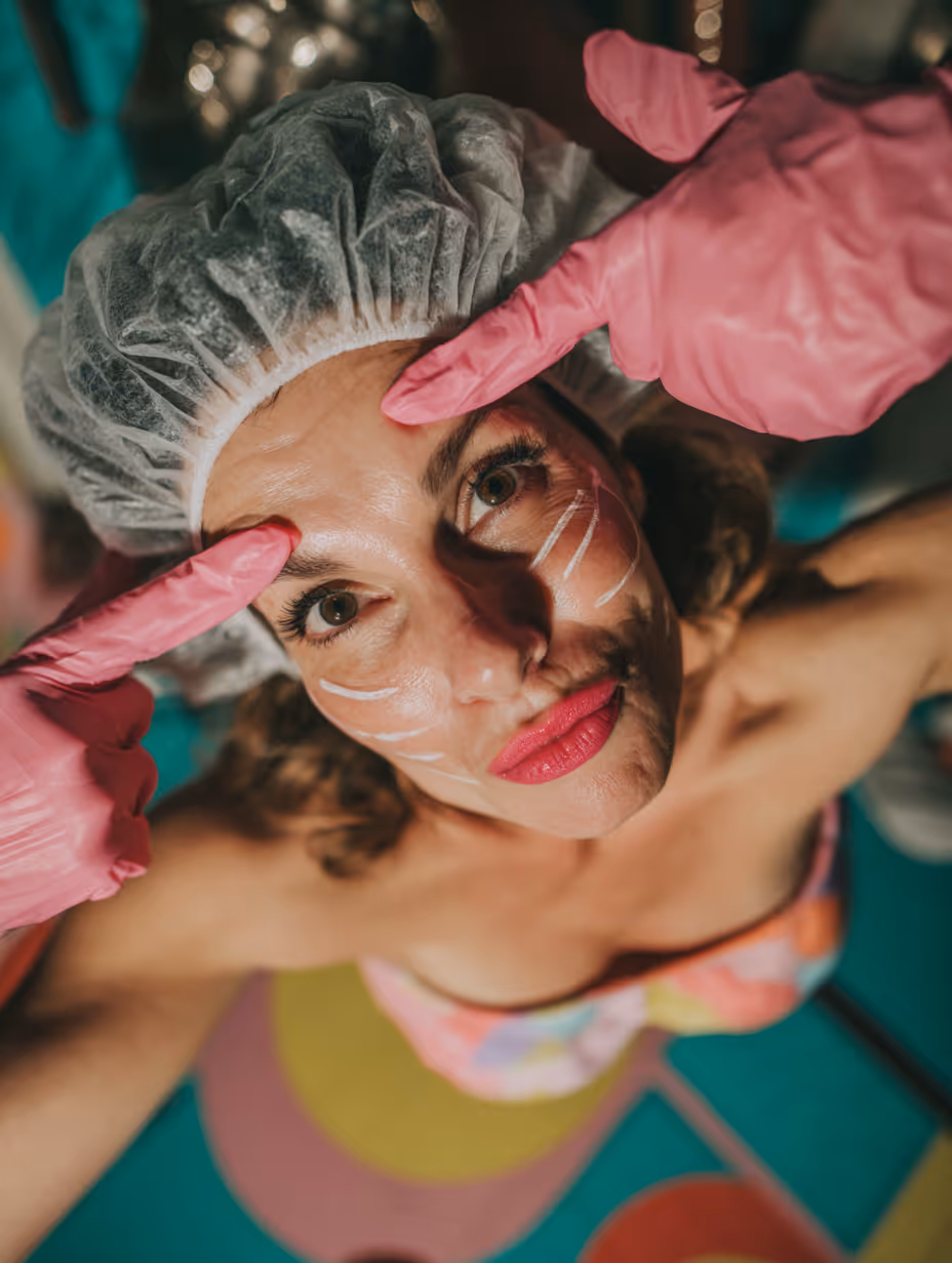 Close-up of lips with glossy maroon lipstick and hands with matching maroon pointed nails touching the chin.