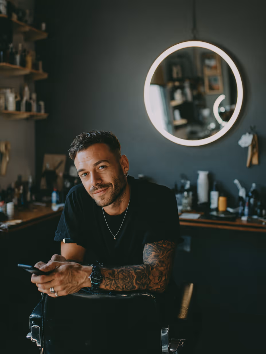 Bearded man getting a beard trim from a tattooed barber in a dimly lit barbershop.
