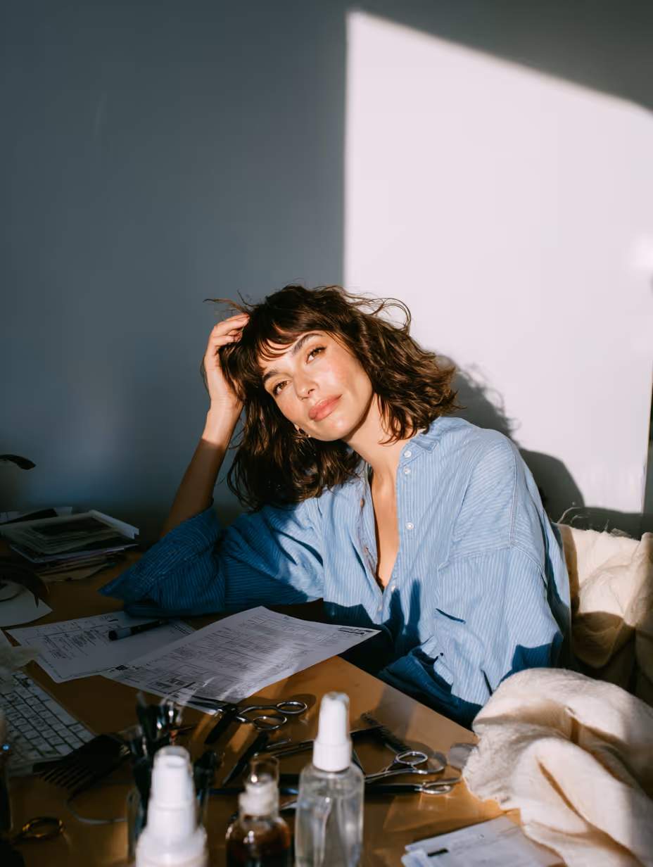 Woman with shoulder-length brown hair wearing a blue striped shirt sitting at a cluttered desk with papers, scissors, and bottles, bathed in sunlight.