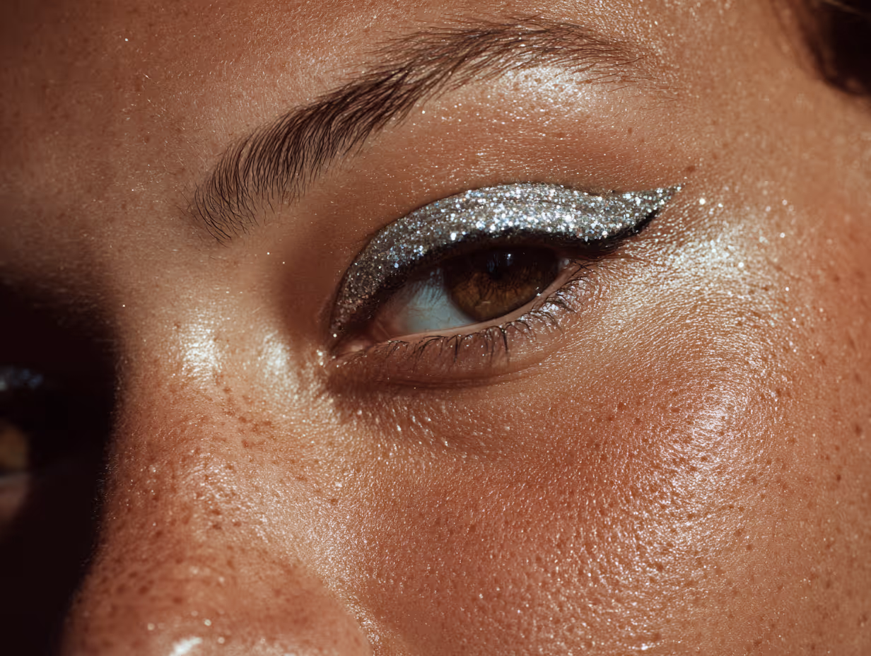 Close-up of a brown eye with silver glitter winged eyeliner and freckled skin.