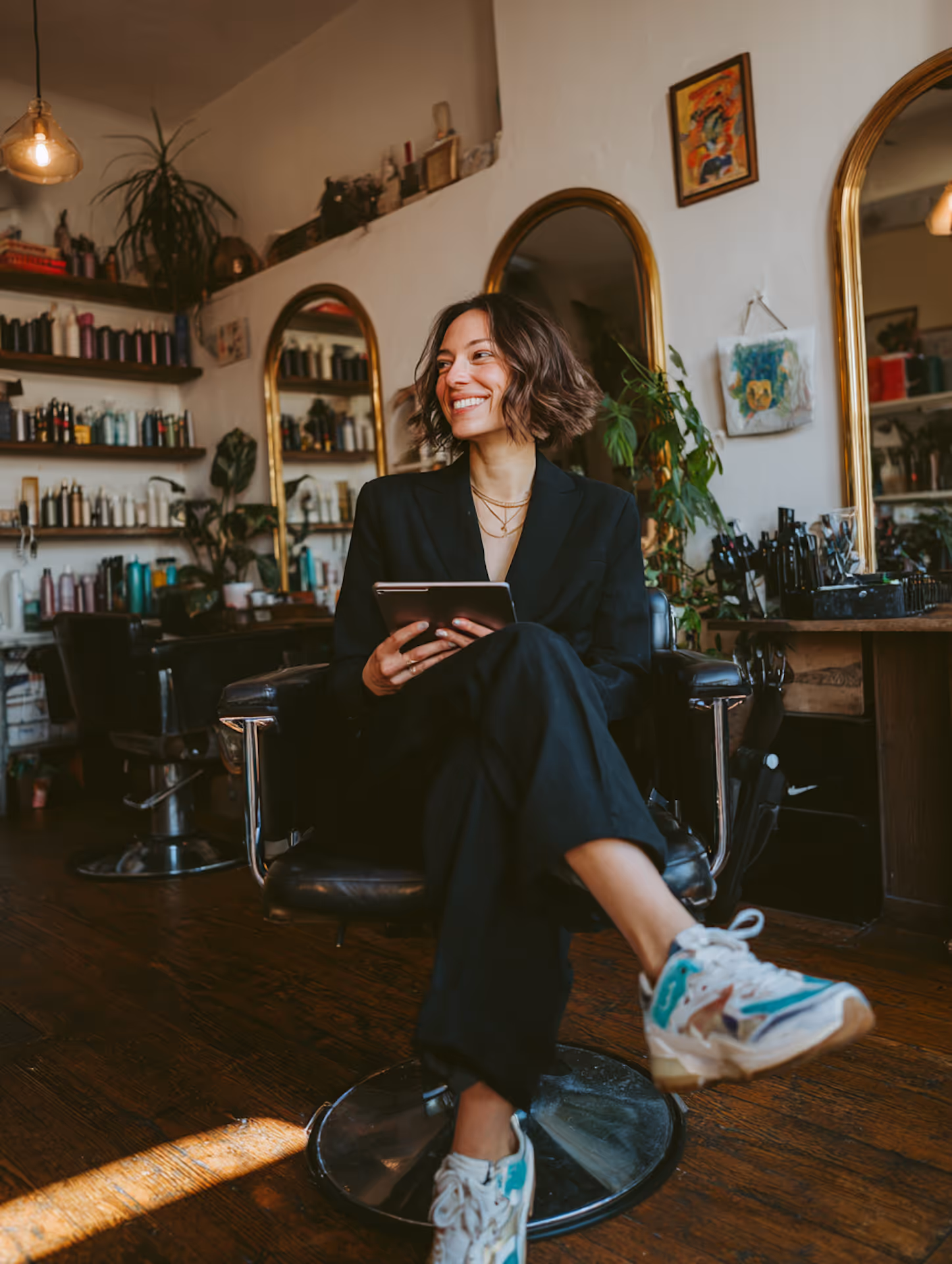 Smiling woman in black suit sitting cross-legged on salon chair holding a tablet in a hair salon.
