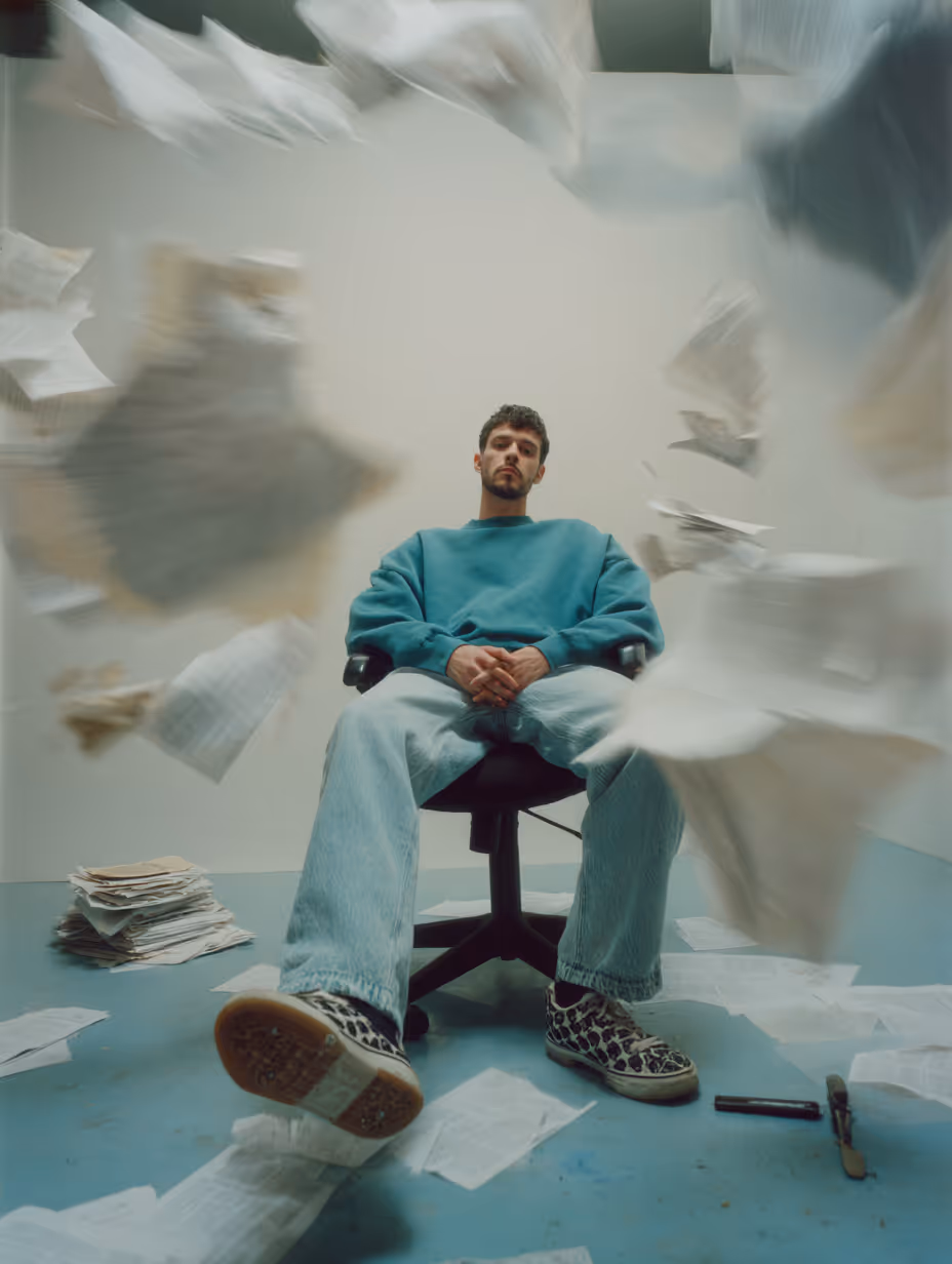 Young man with curly hair and beard sitting on a chair, surrounded by papers flying in the air and scattered on the floor.