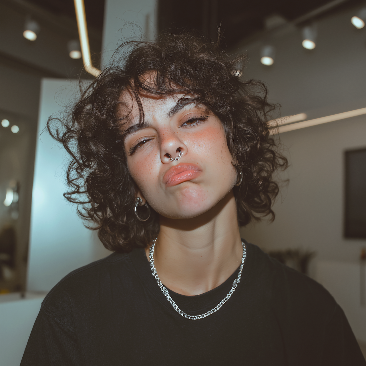 Close-up of a hand with glossy white almond-shaped nails against a light background.