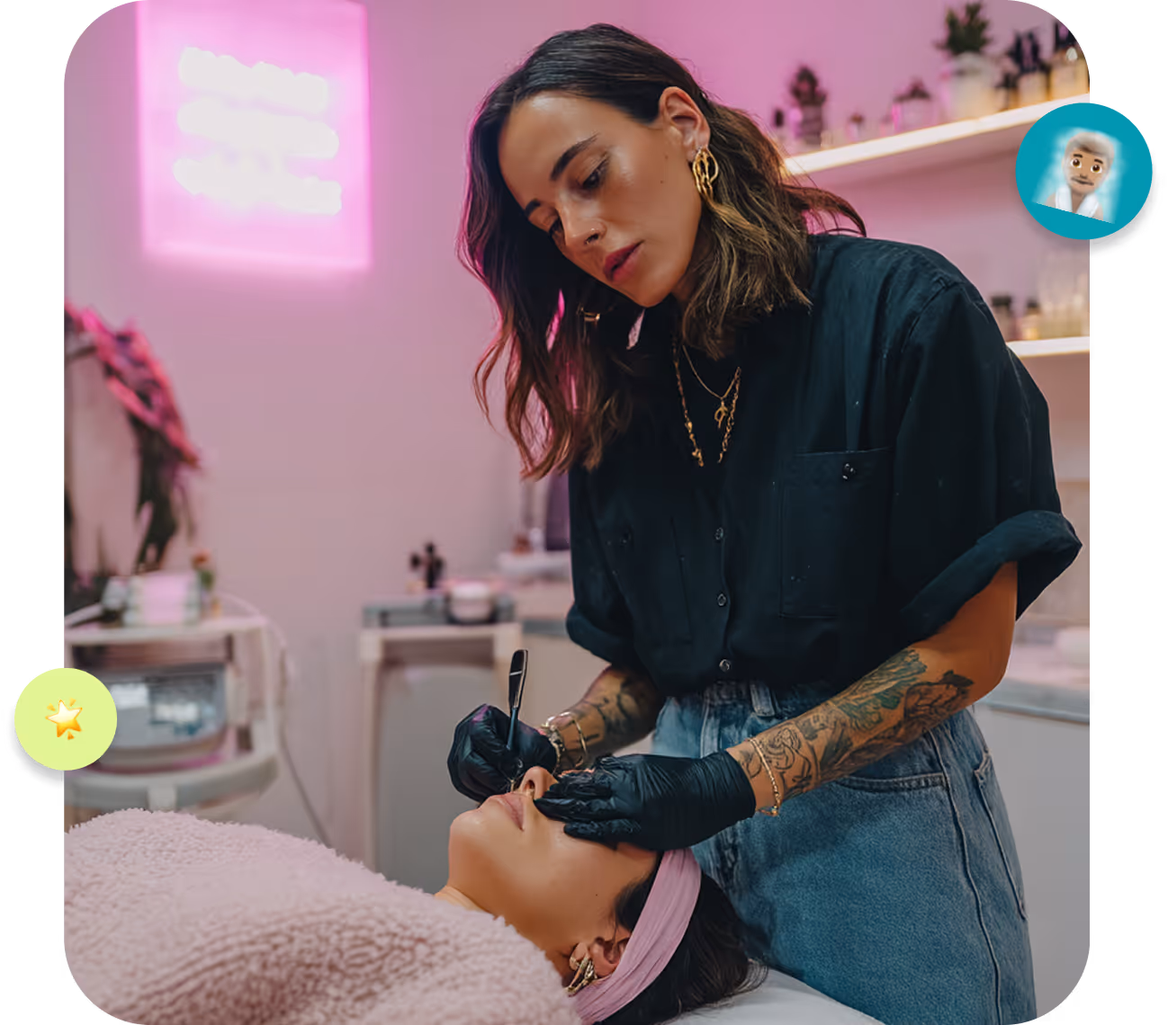 Kosmetyczka z rękawiczkami wykonuje zabieg na twarzy klientki leżącej na łóżku w salonie kosmetycznym.