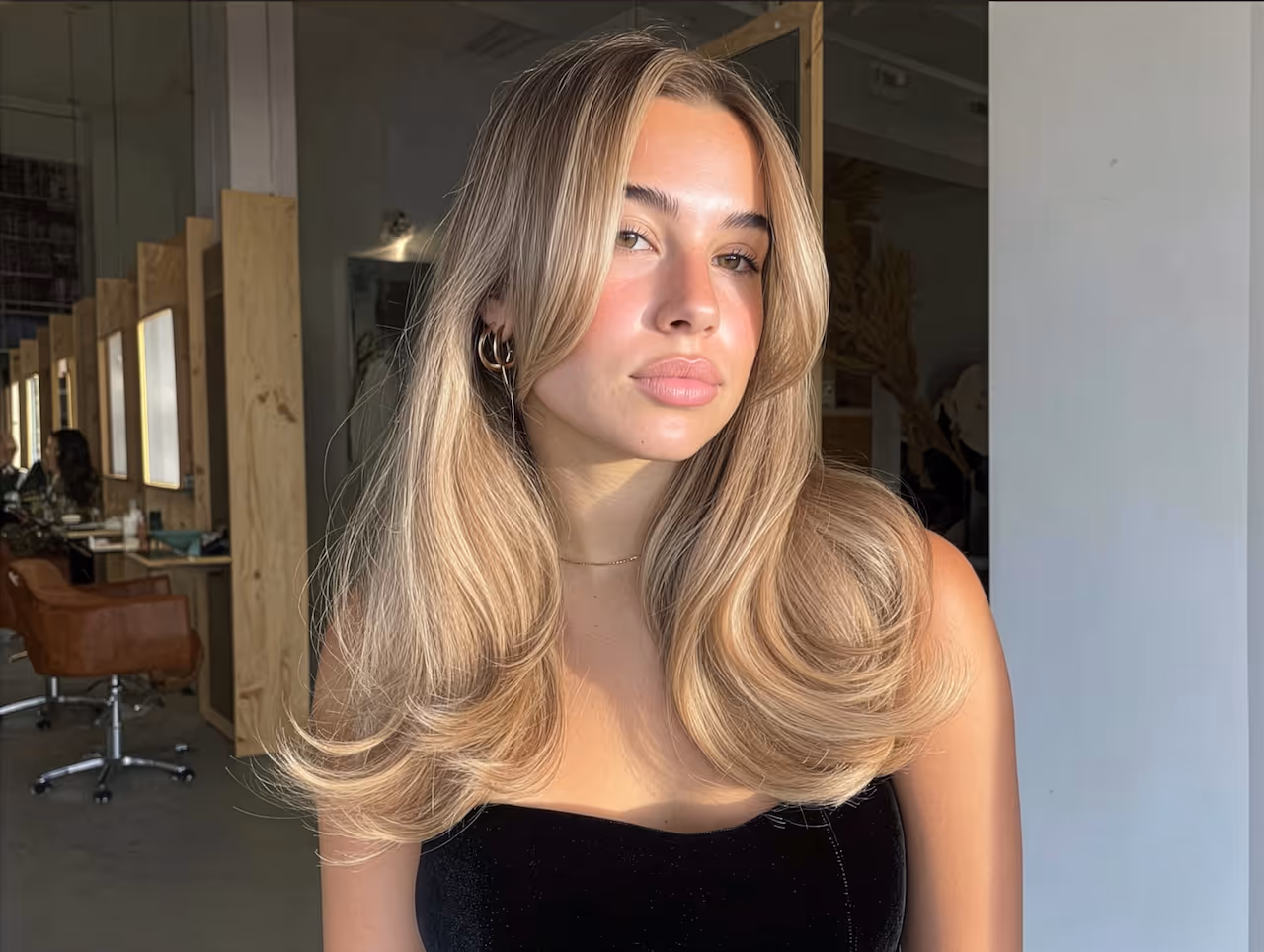 Close-up of lips with glossy maroon lipstick and hands with matching maroon pointed nails touching the chin.