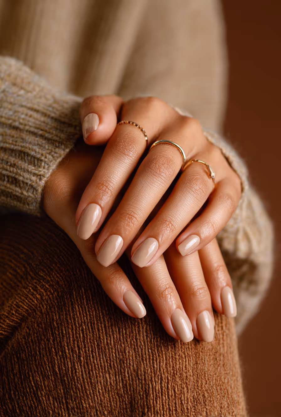 Close-up of hands with beige nail polish and a gold ring on a finger.