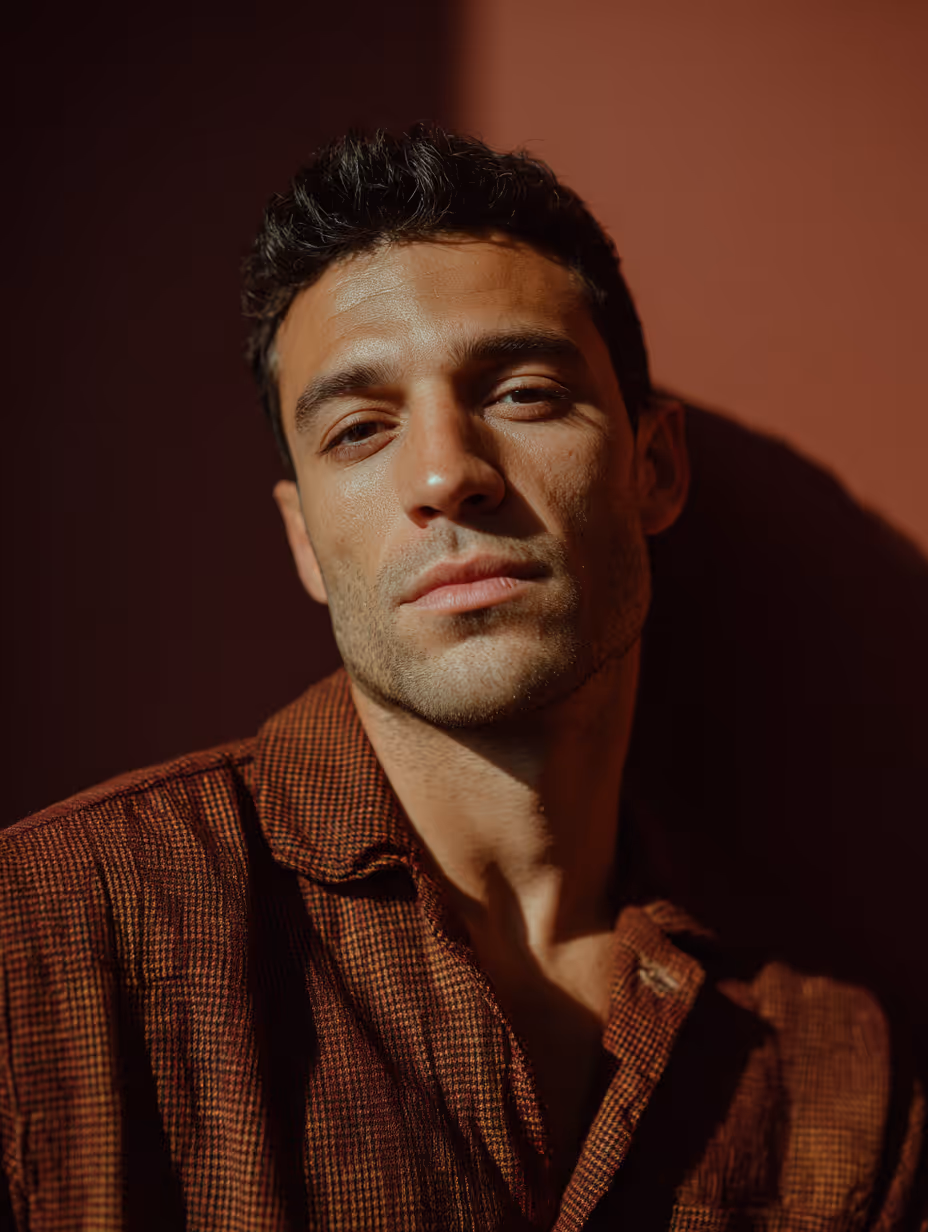 Close-up of lips with glossy maroon lipstick and hands with matching maroon pointed nails touching the chin.