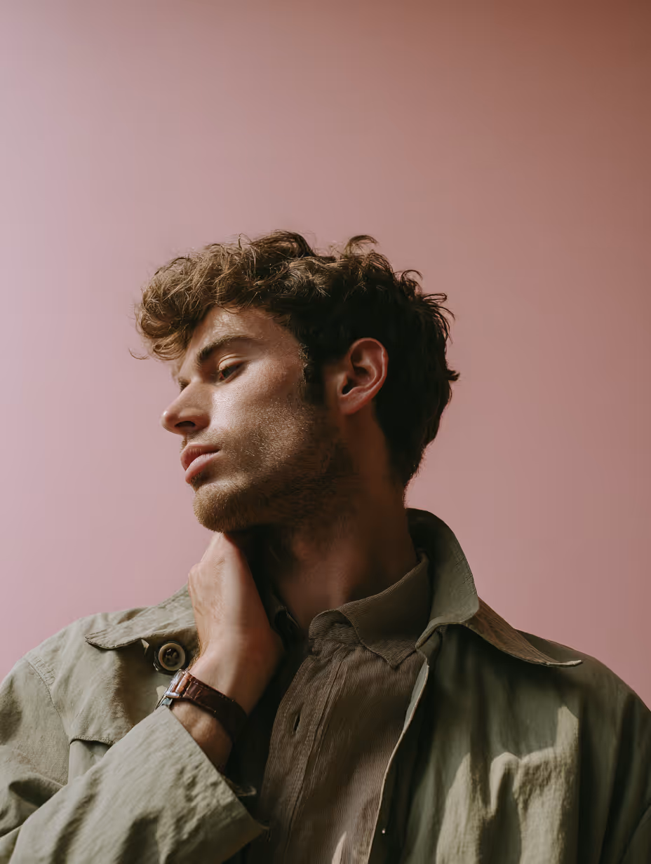 Close-up of lips with glossy maroon lipstick and hands with matching maroon pointed nails touching the chin.