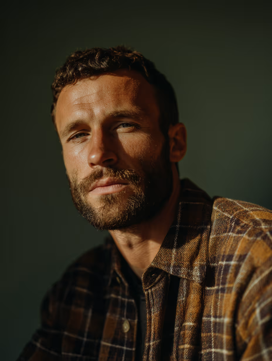 Mężczyzna z brodą i krótkimi kręconymi włosami w brązowej koszuli w kratę patrzy w obiektyw na ciemnym tle.
