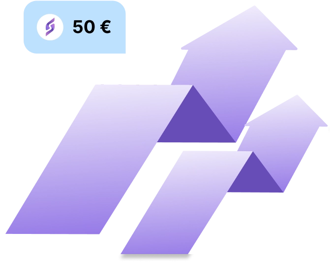 Purple and lavender abstract geometric shapes with a label showing 50 USDT and a circular logo in a blue box.