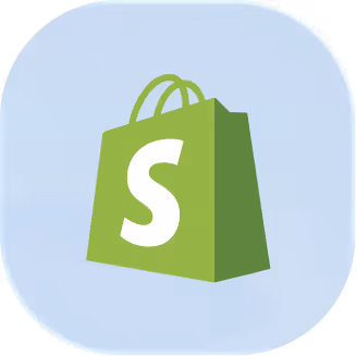 Green shopping bag with a white letter S, Shopify logo on a light blue rounded square background.