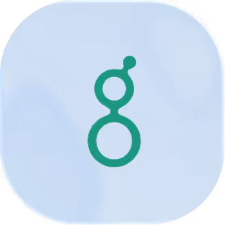 Green stylized lowercase letter 'g' with two dots on a light blue rounded square background.