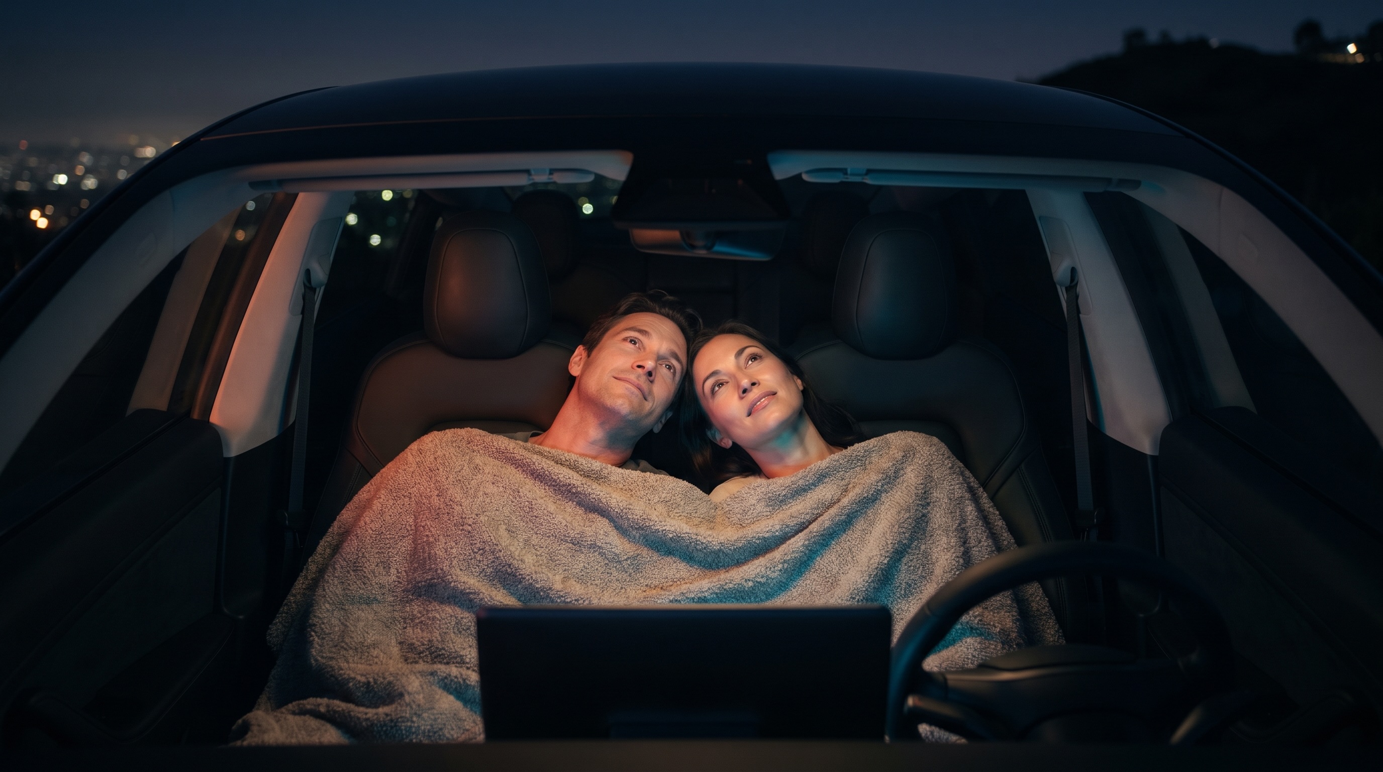 A couple snuggled under a blanket inside a modern car with a panoramic glass roof at night, warm and cool dual-tone lighting, stargazing mood