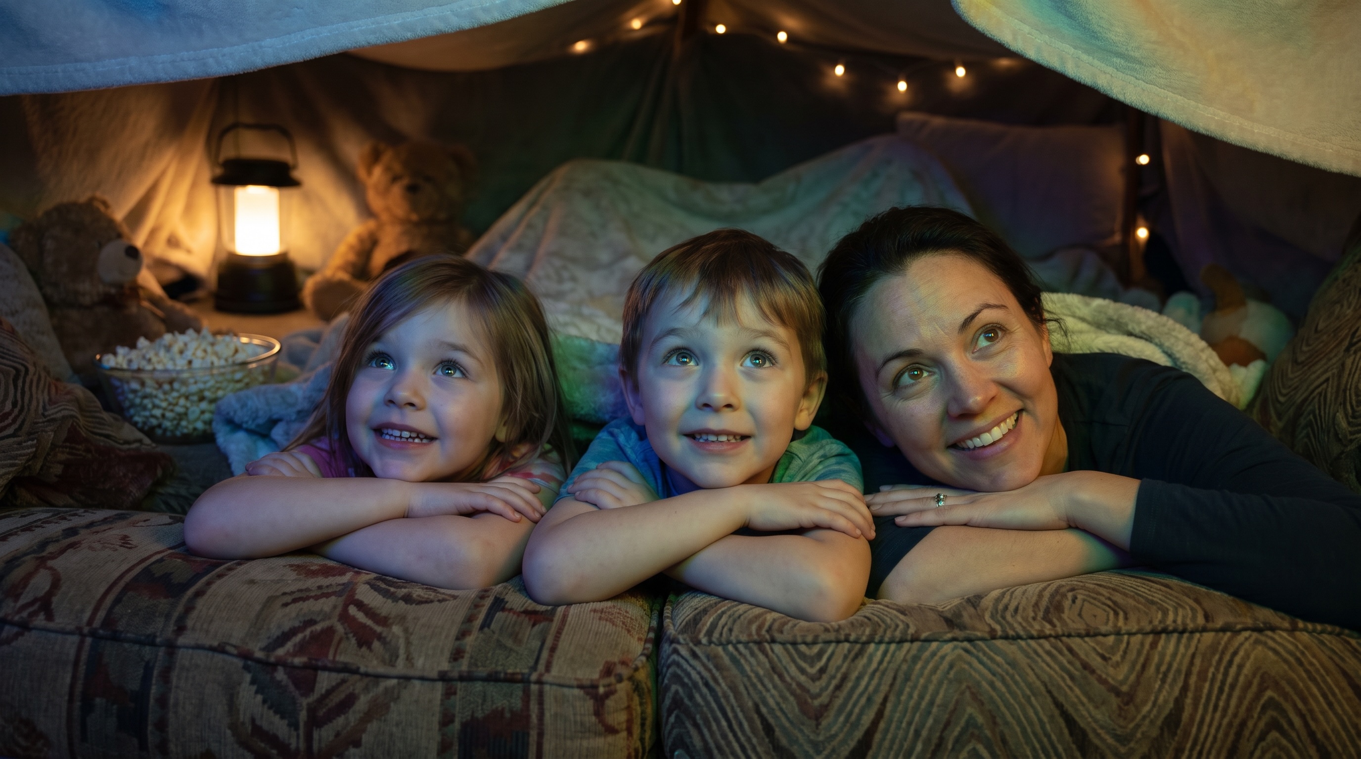 A mother and two kids under a blanket fort lit by warm string lights, sharing popcorn, faces glowing in projected light