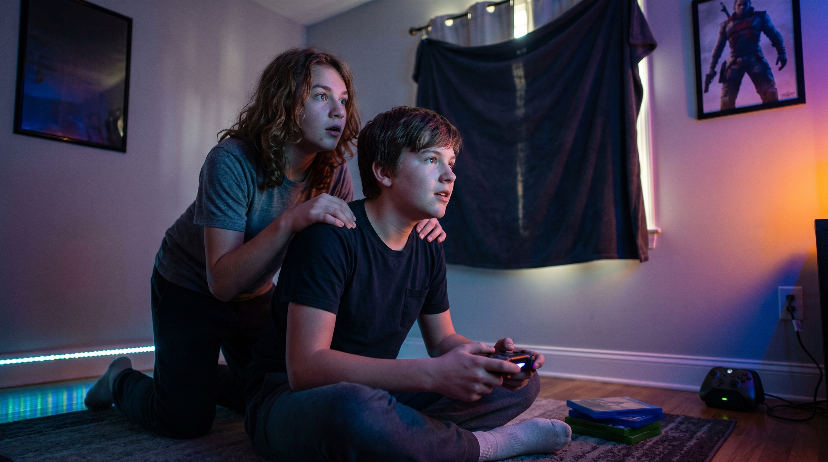 A teenage boy playing a video game console, intensely focused, a girl kneeling behind him with hands on his shoulders, both looking up and to the right at an off-screen screen