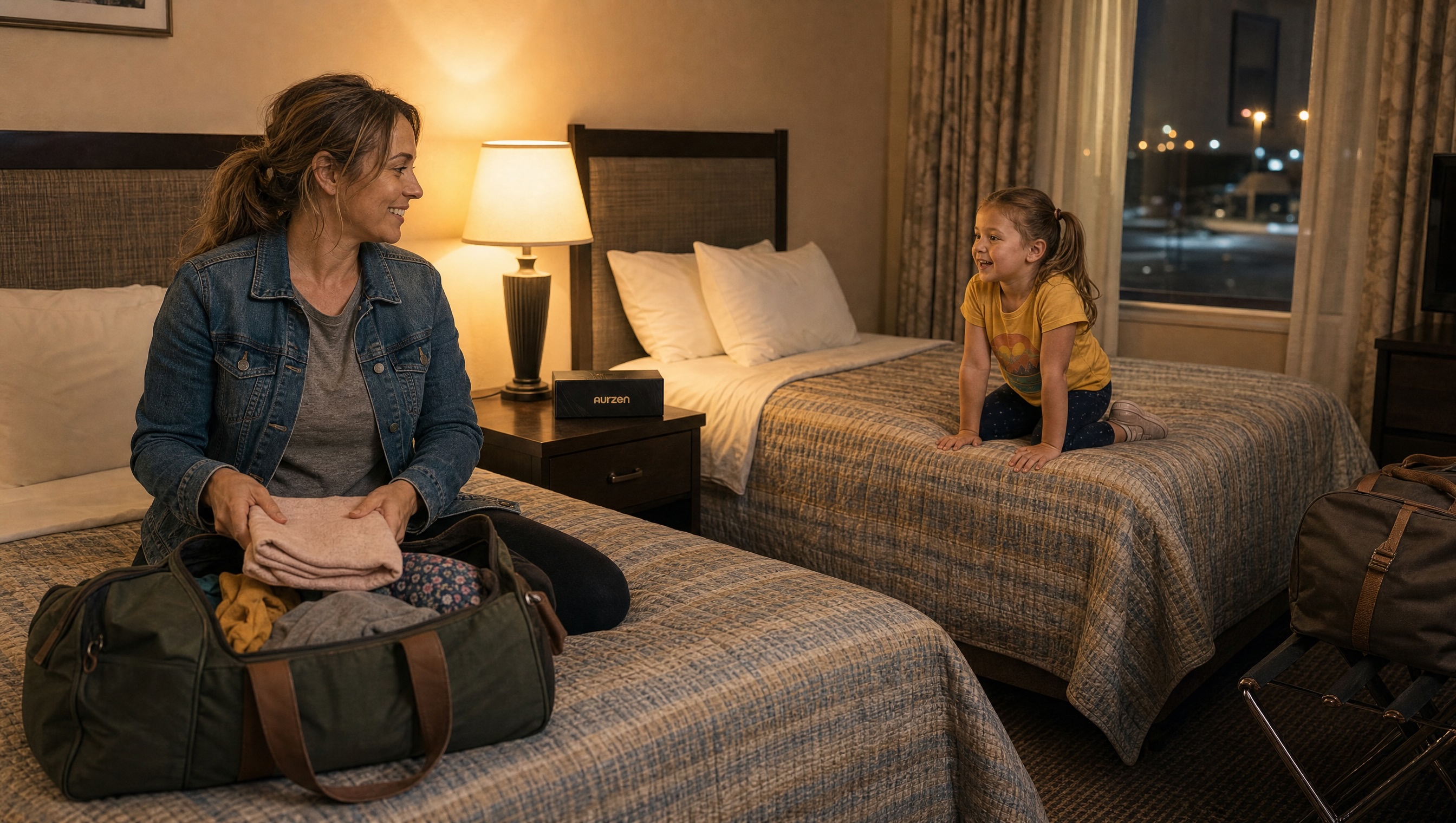 A mother and daughter in a hotel room at night, two beds, warm lamp glow, an AURZEN box visible on the nightstand
