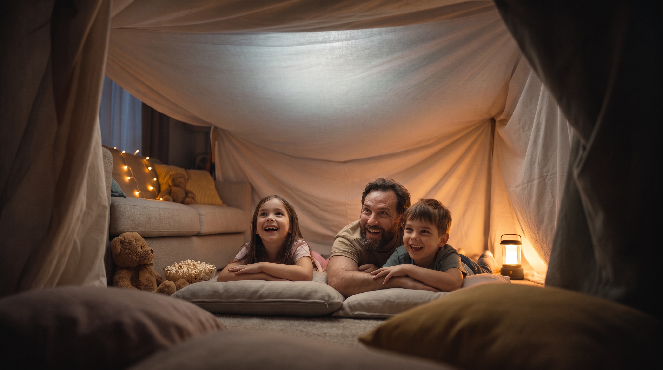 Two kids inside a tent at dusk, a popcorn bowl between them, warm lantern glow inside and cool twilight visible through the tent screen