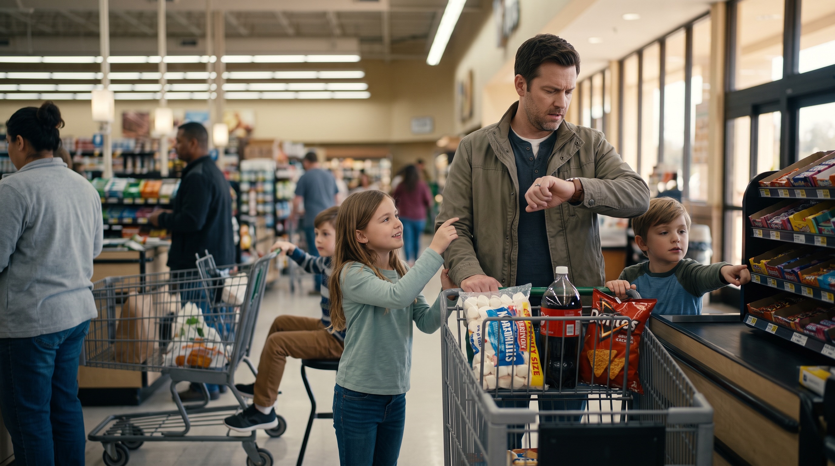 A family together at a supermarket, an everyday moment