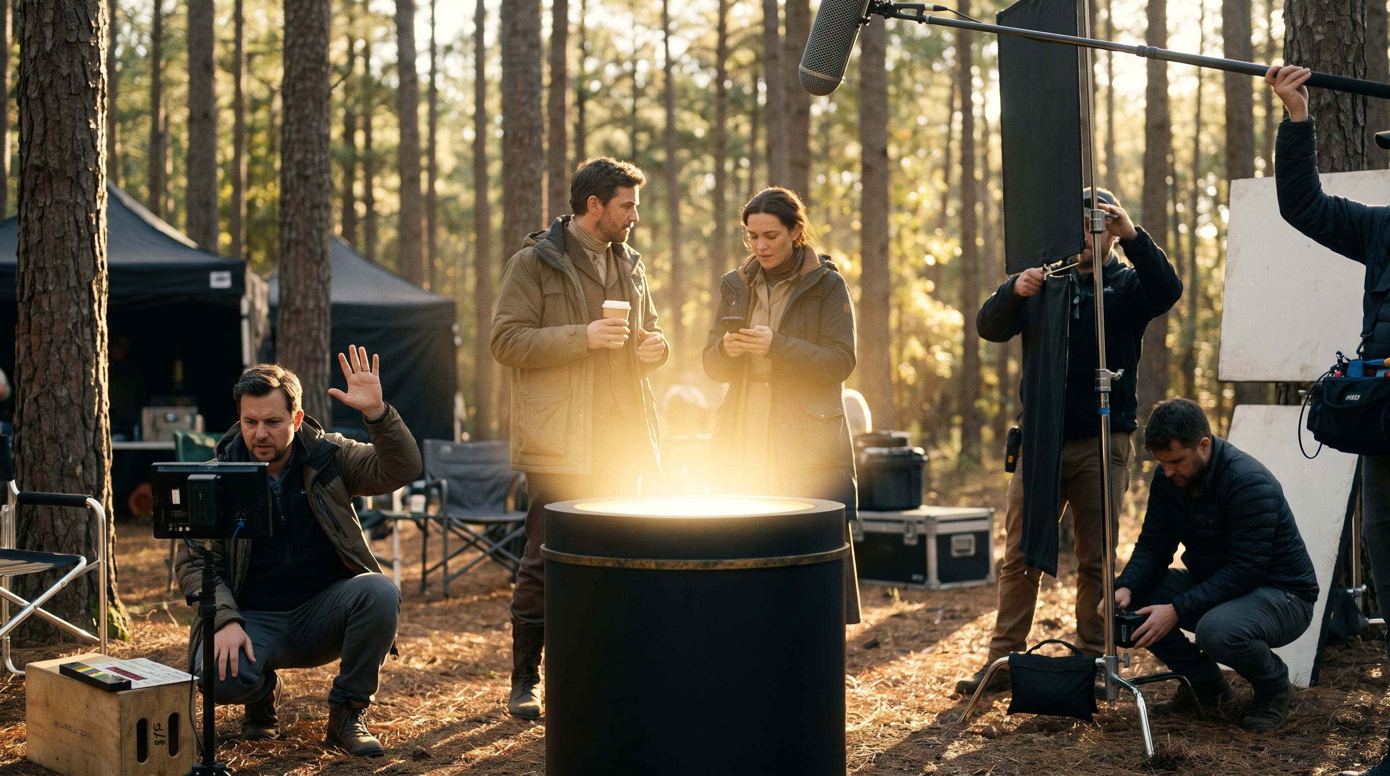 Behind-the-scenes production crew at work in a forest at golden hour: actors, director, boom operator, C-stand light