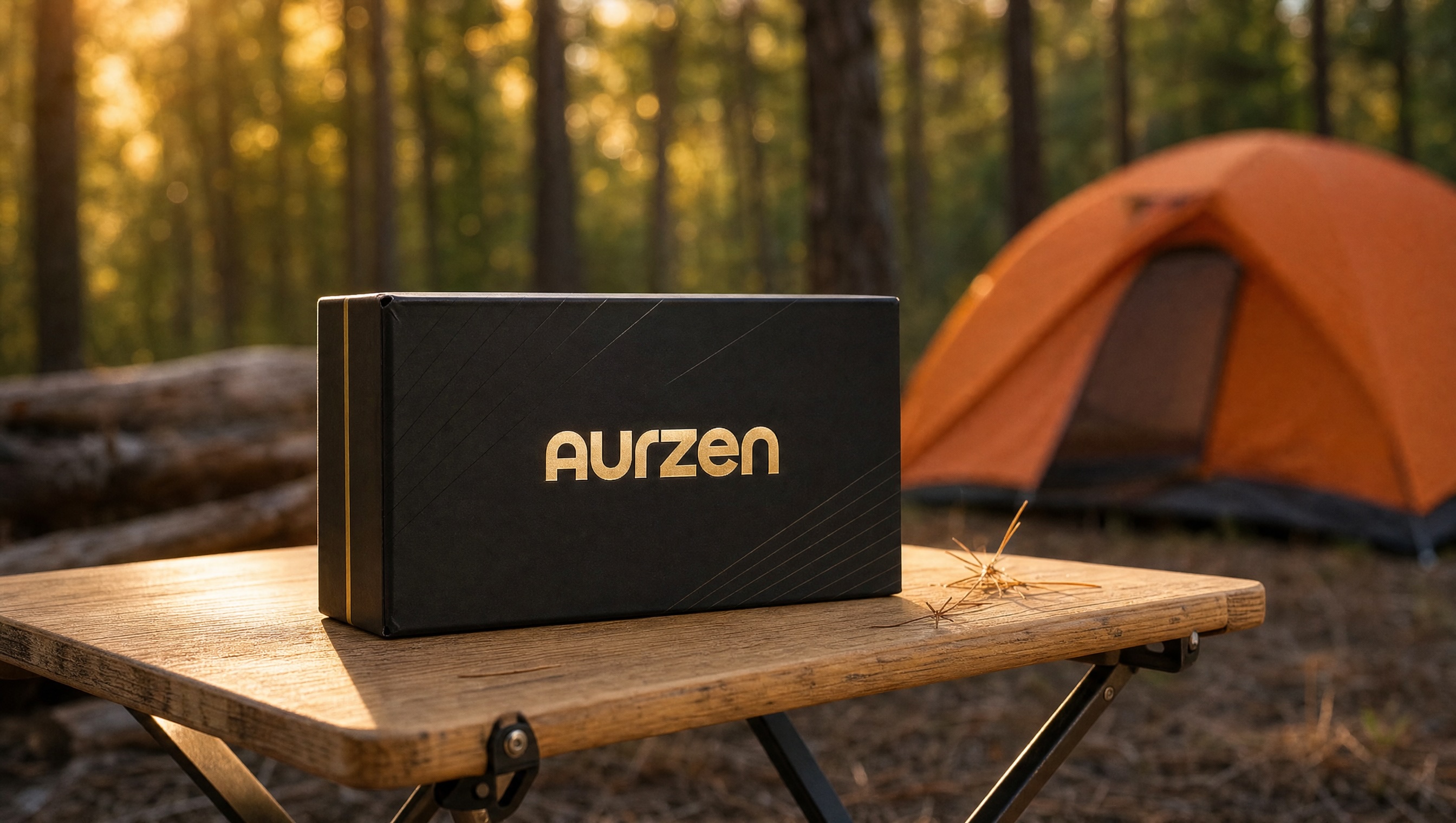 The real AURZEN retail box sitting on a camping table, golden-hour light with a tent and forest in the background