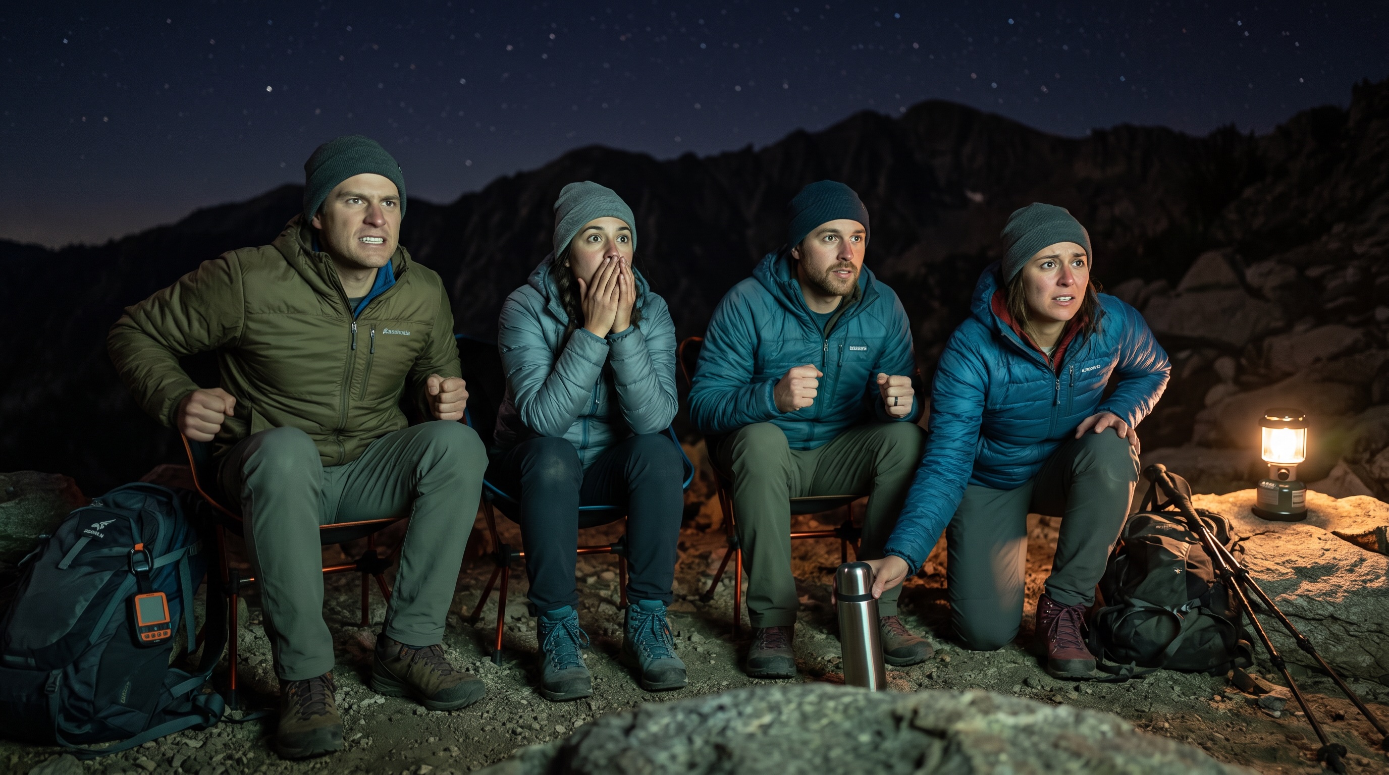 Adults at a night mountain campsite under a starry sky, reacting with awe to an off-frame glow